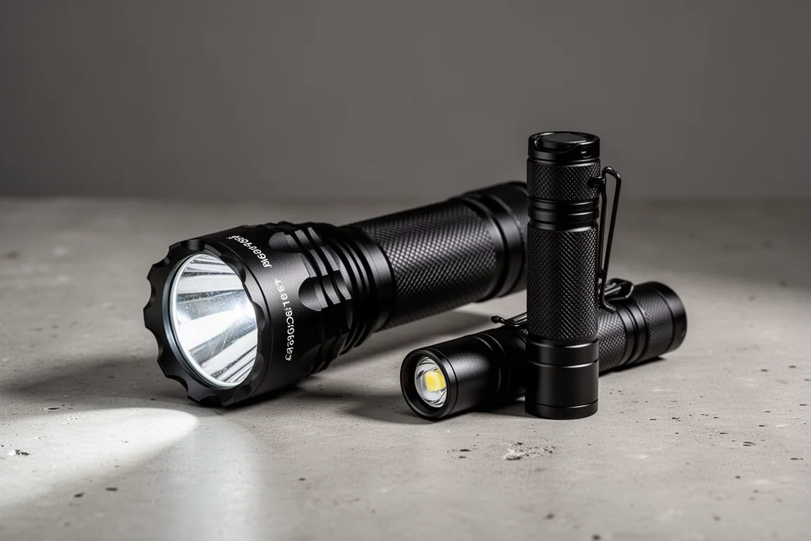 ThruNite Black Scout Survival V5 and Olight Warrior Mini 2 flashlights side by side on concrete