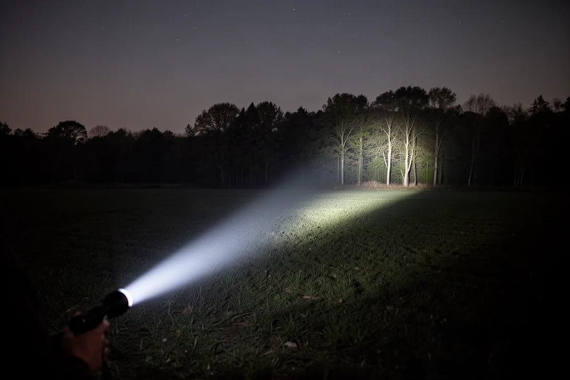 Faisceau étroit et intense de la lampe traversant un champ sombre vers des arbres lointains