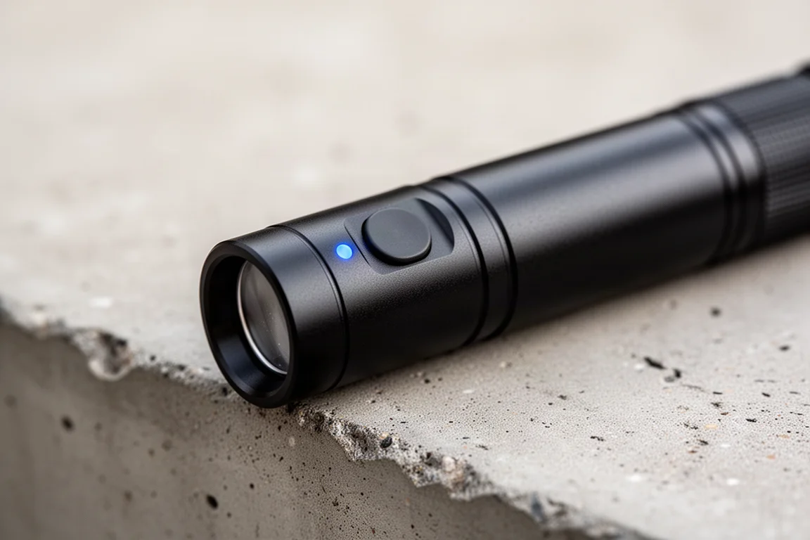 Gros plan sur un capuchon arrière de lampe avec un voyant de batterie bleu lumineux