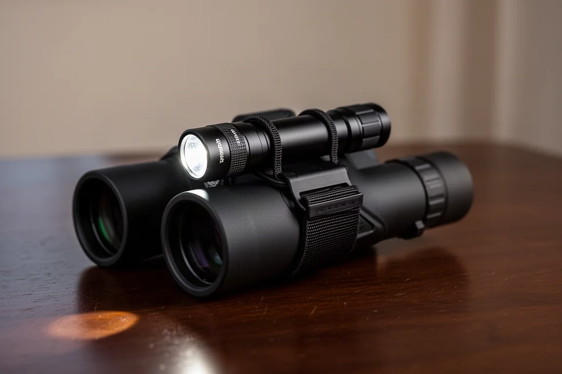 Petite lampe fixée au tube d'une paire de jumelles pour une utilisation nocturne
