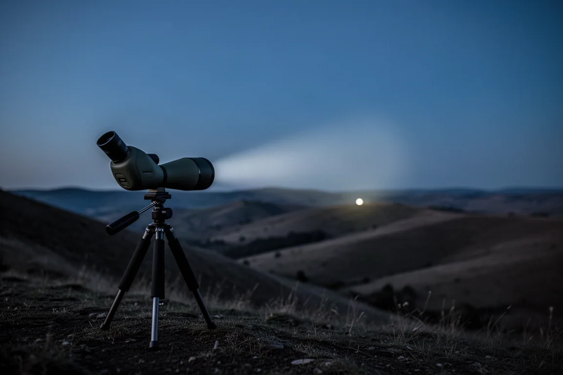 Longue-vue sur trépied pointée vers un flanc de colline sombre la nuit avec un point lumineux lointain
