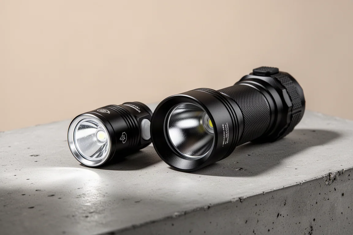 Thrunite Catapult Mini and Catapult Pro flashlights side by side on concrete