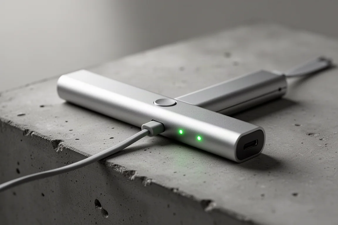 Flache, stabförmige EDC-Taschenlampe mit sichtbaren grünen Ladeanzeige-LEDs