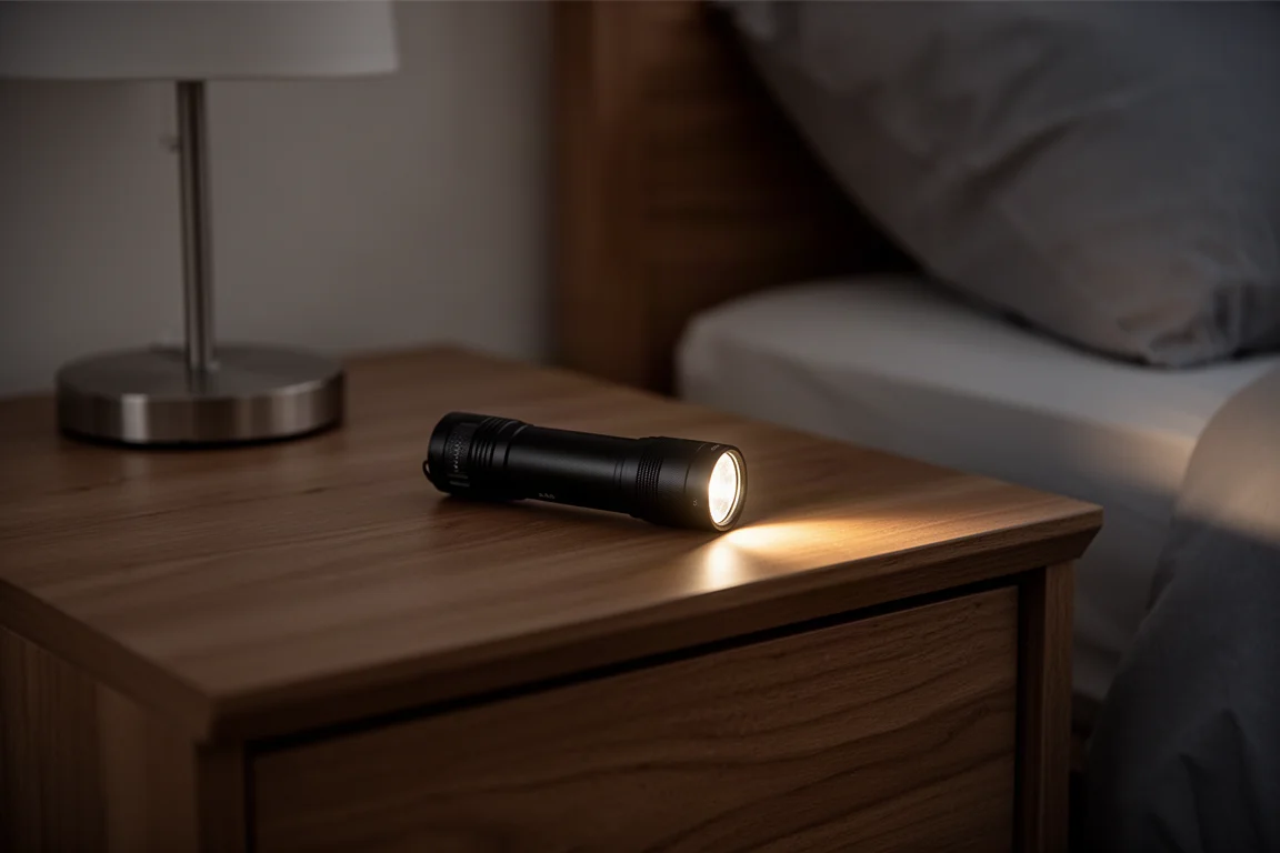 Compact black EDC flashlight lying on a wooden nightstand glowing softly in a dark room