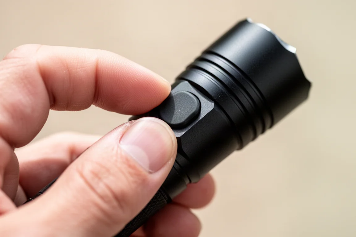 Close-up of a thumb pressing the side button on a black flashlight