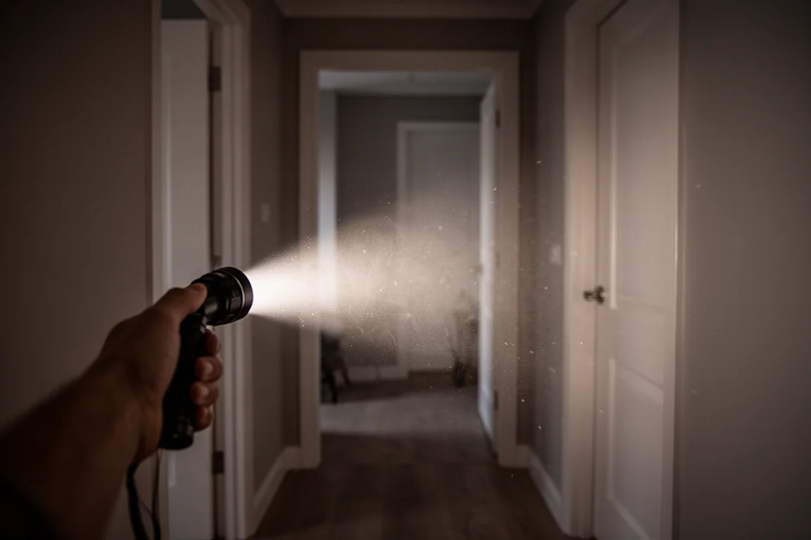 Flashlight beam cutting through a dim hallway toward a doorway