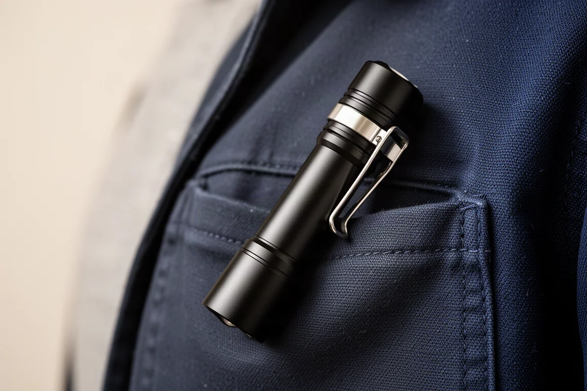 Black flashlight with pocket clip resting in a fabric jacket pocket