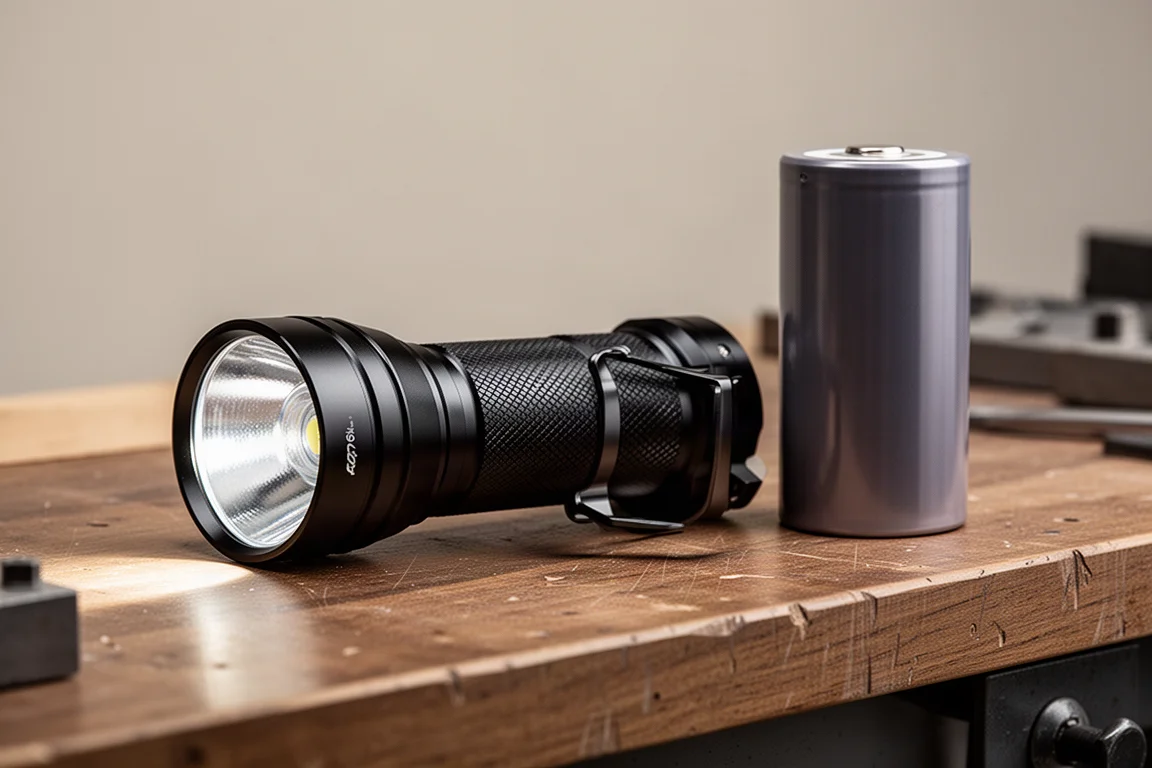 Large black flashlight standing on a wooden workbench beside a large rechargeable battery