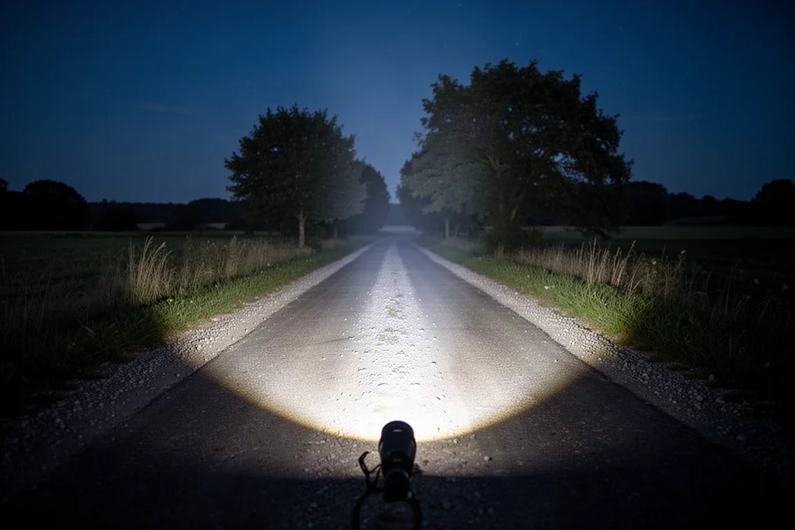 Flashlight beam casting a bright spot across dark tarmac at night