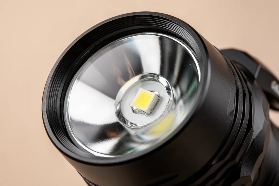 Close-up of the textured reflector and heavy-duty glass lens of a flashlight
