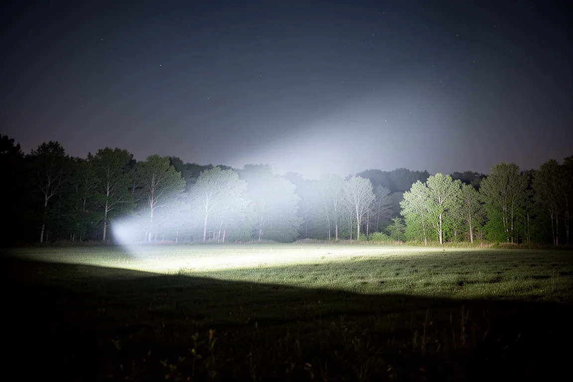 Flashlight illuminating a wide flood of light across an open field at night
