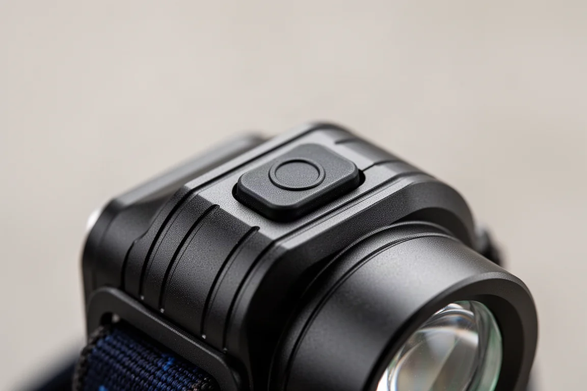 Close-up of a one-button headlamp interface showing its raised switch
