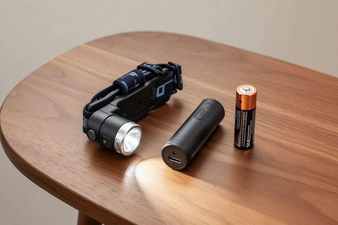 Headlamp resting on a wooden table next to a rechargeable battery and a AA battery