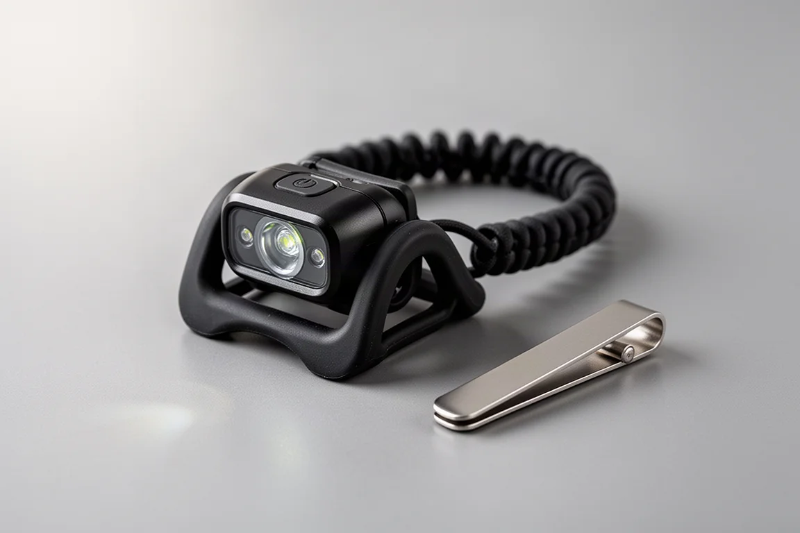 Headlamp with rubber head strap and double-sided pocket clip laid out on a desk
