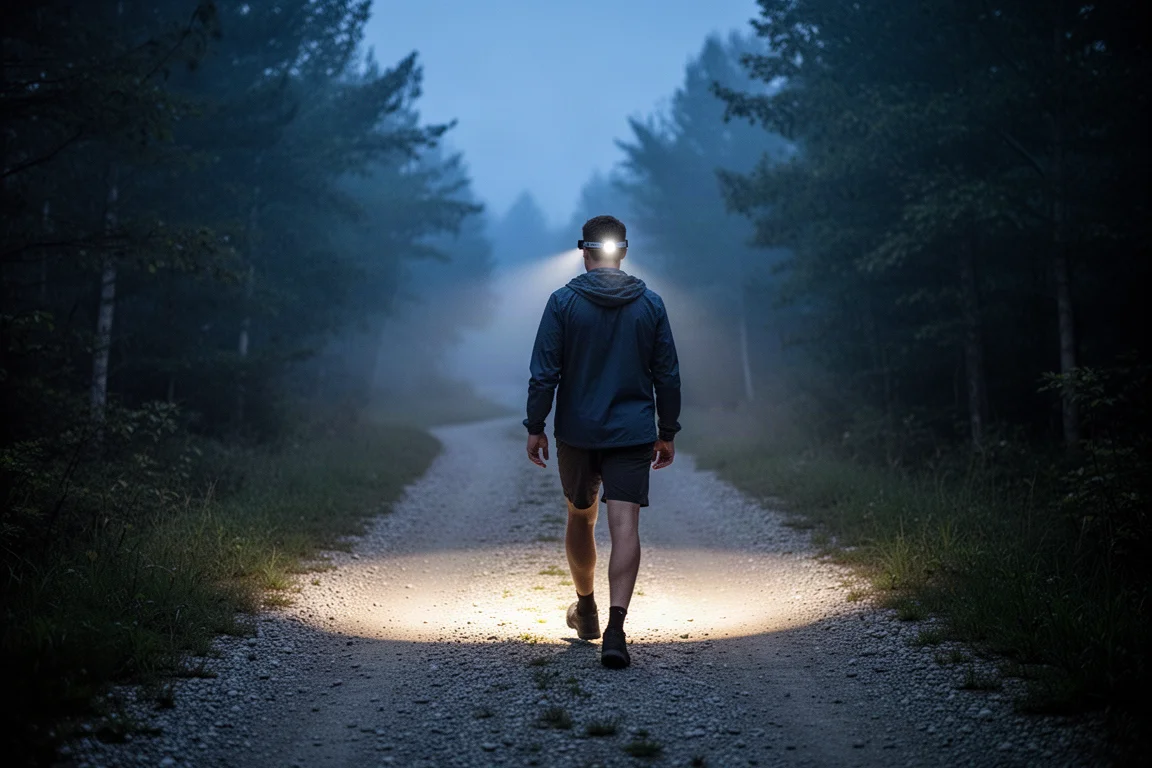 Person wearing a compact headlamp on a trail at dusk with a warm beam on the path