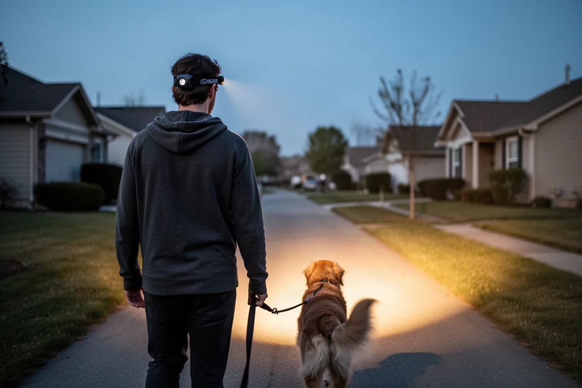 Person wearing a black headlamp while walking a dog on a dark path at dusk