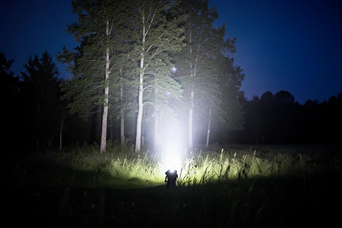 Close-up of a headlamp reflector casting a bright wide beam into dark trees