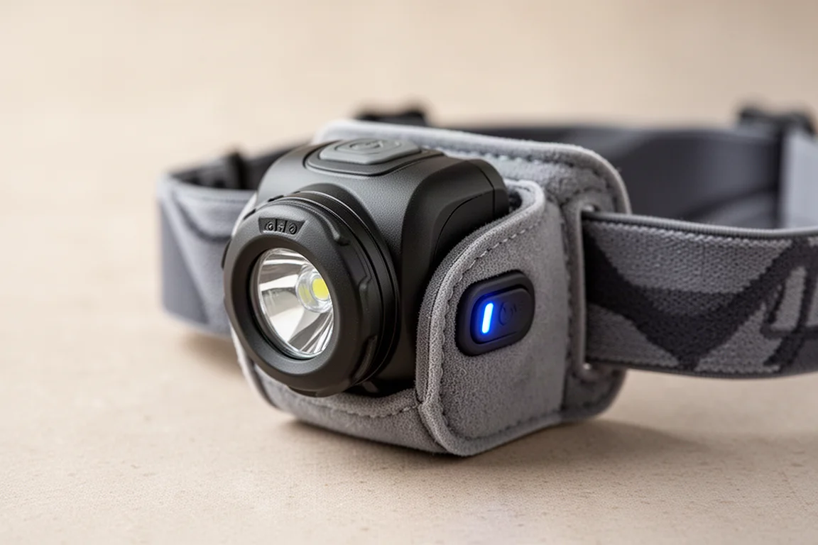 Close-up of a soft grey headband with a rubber holder and lighted switch glowing blue