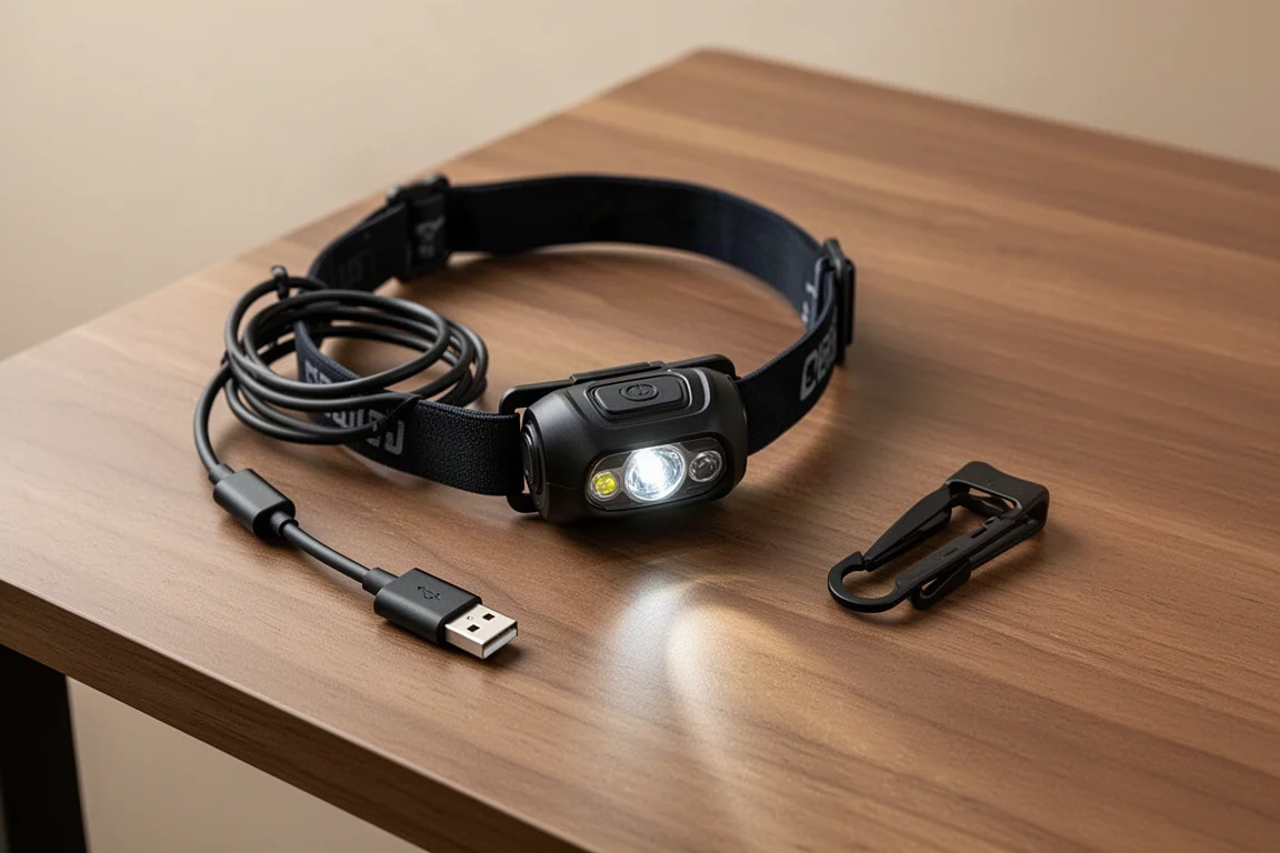 Headlamp lying on a wooden desk next to a USB-C charging cable