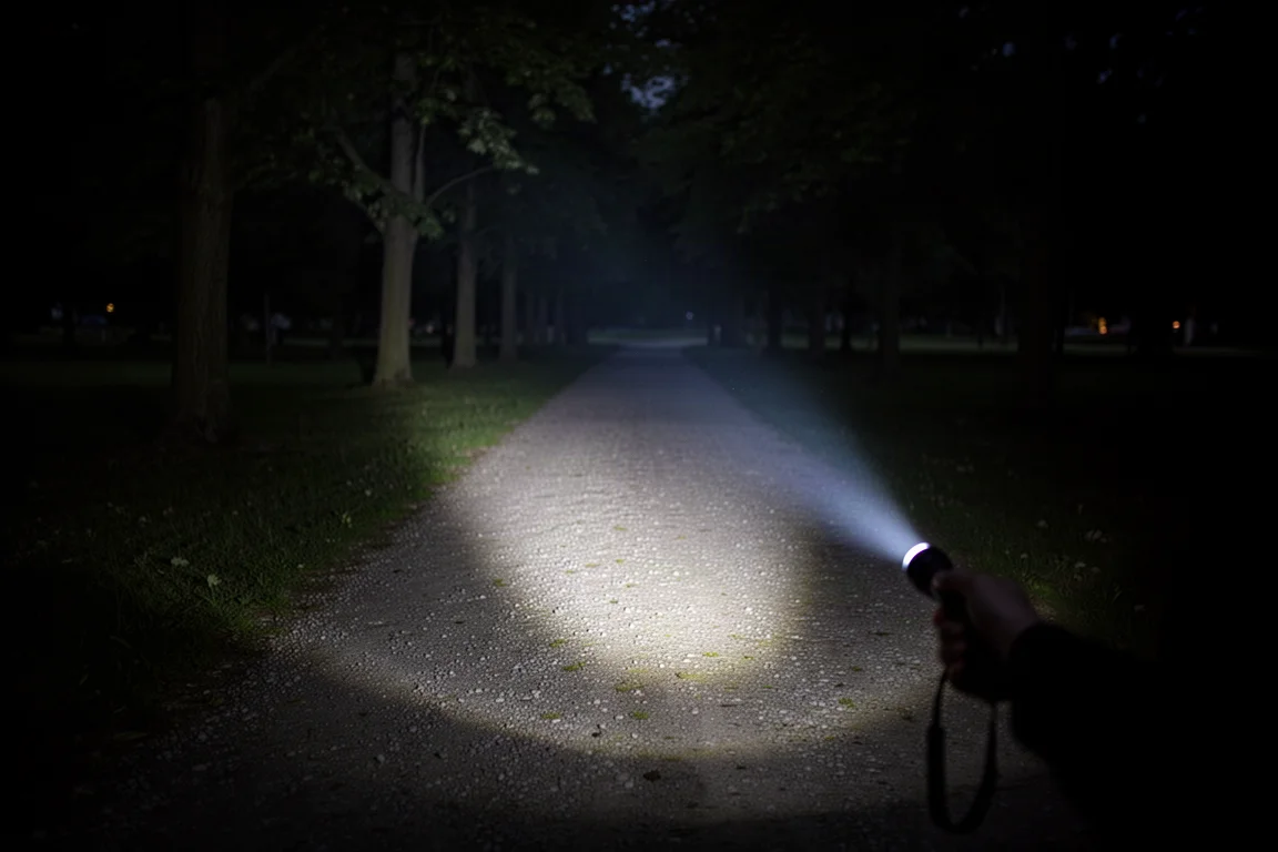 夜間小路上,一人拖着狗,手持電筒的光束照亮路面