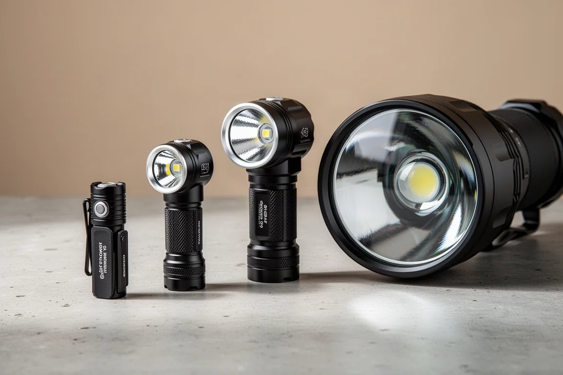 Three ThruNite thrower flashlights of increasing size arranged on a concrete surface