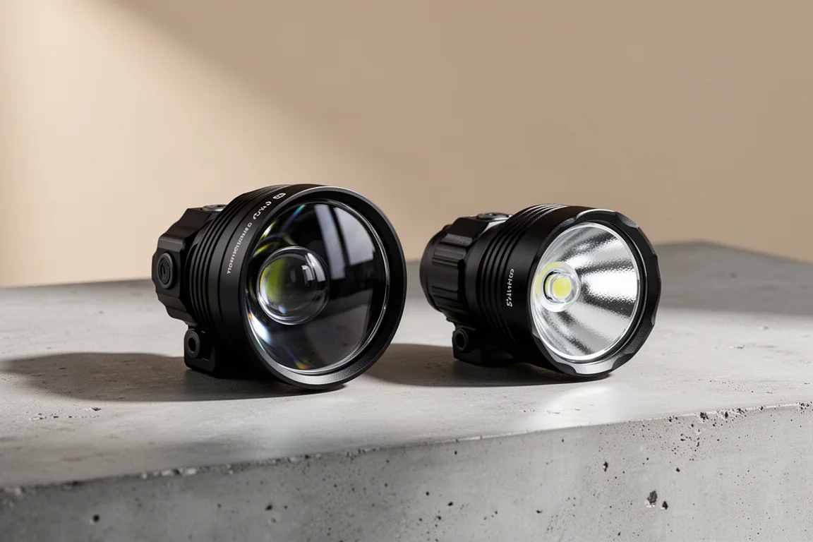 Two black headlamps side by side on a concrete surface, one throw-style and one flood-style