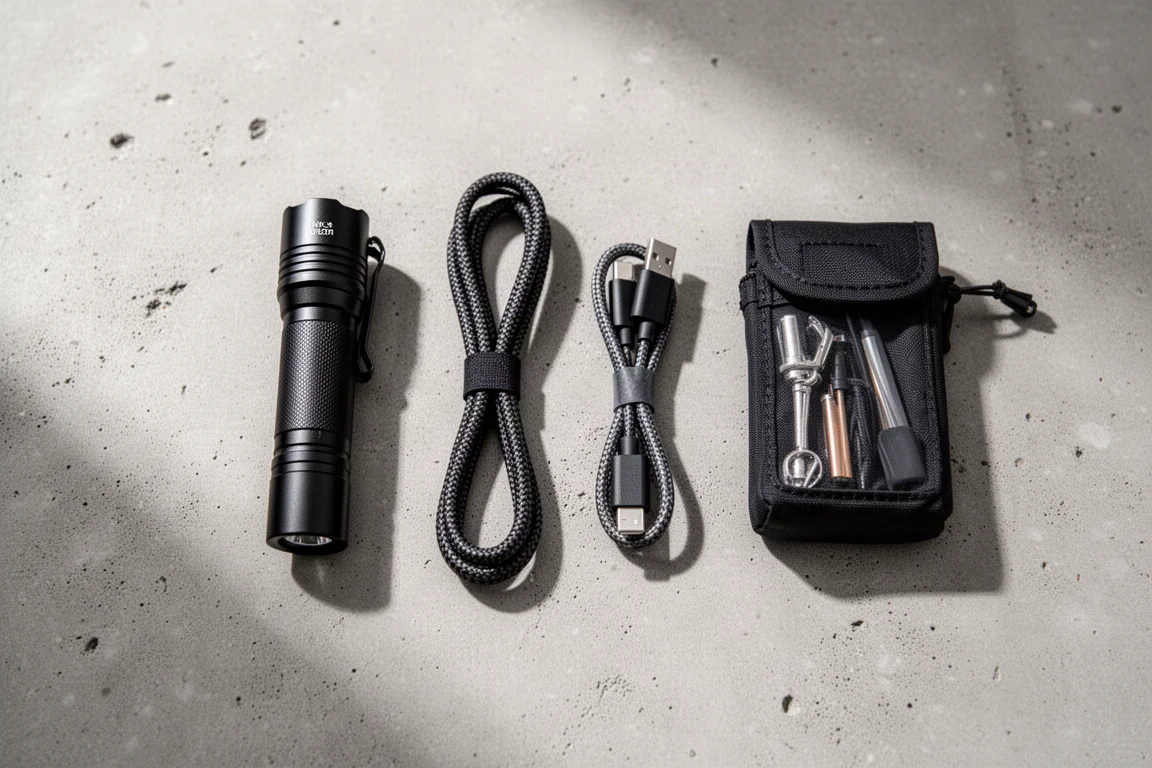 Flat lay zestawu EDC z latarką i drobnymi przedmiotami codziennego użytku