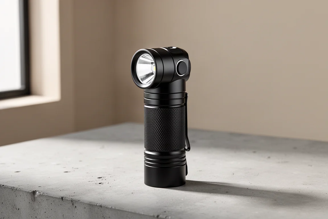 Compact matte black EDC flashlight standing on a concrete surface