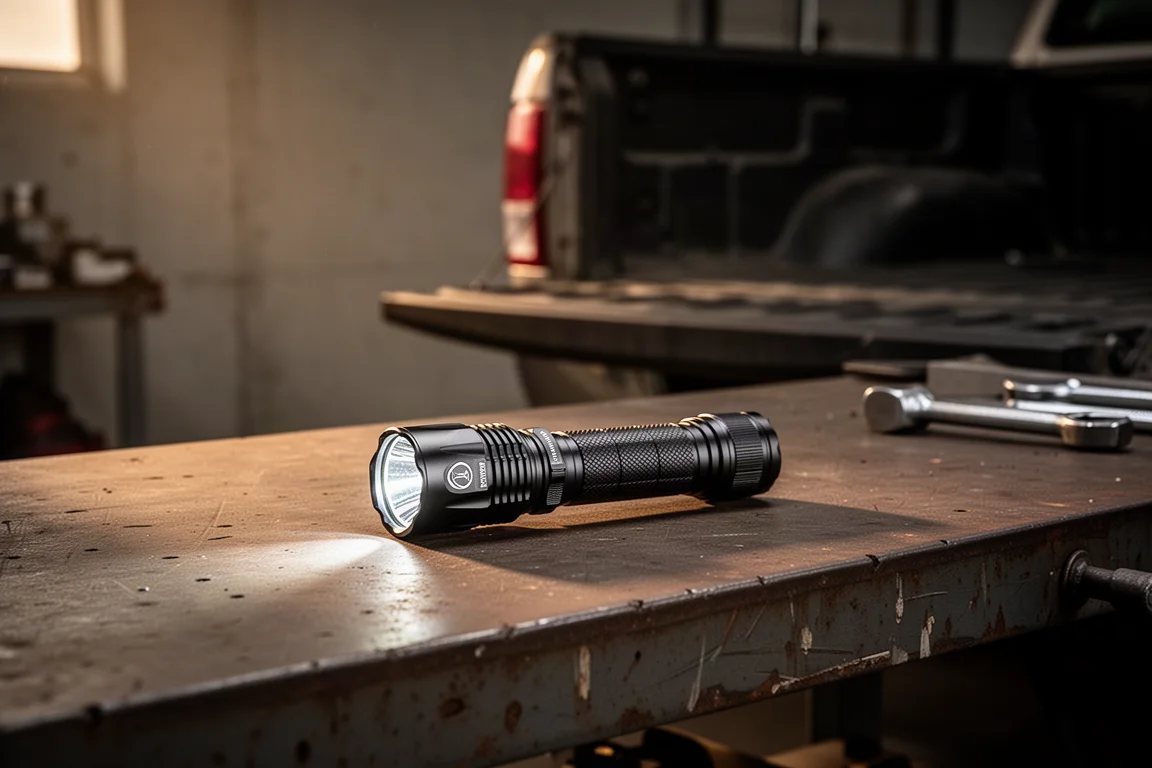 Large everyday carry flashlights resting on a workshop bench beside a truck tailgate