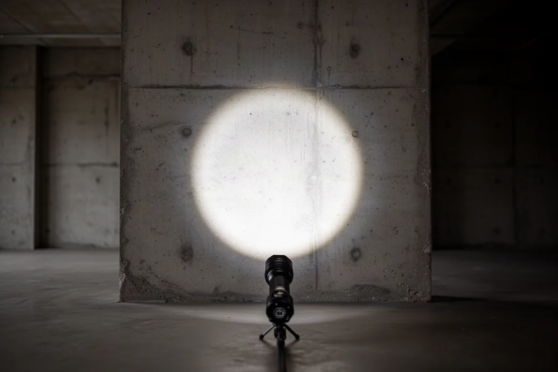 Close-up of a flashlight beam hotspot concentrated on a distant wall