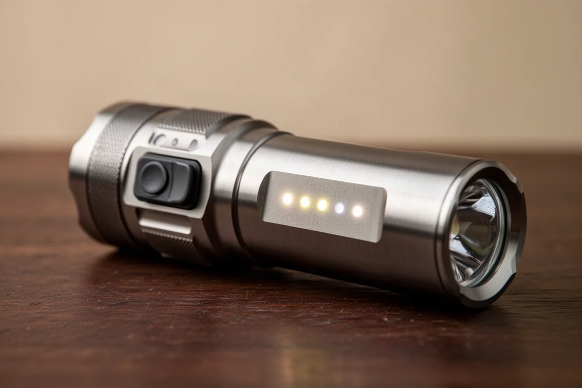 Flashlight with illuminated battery and mode indicator lights on its side