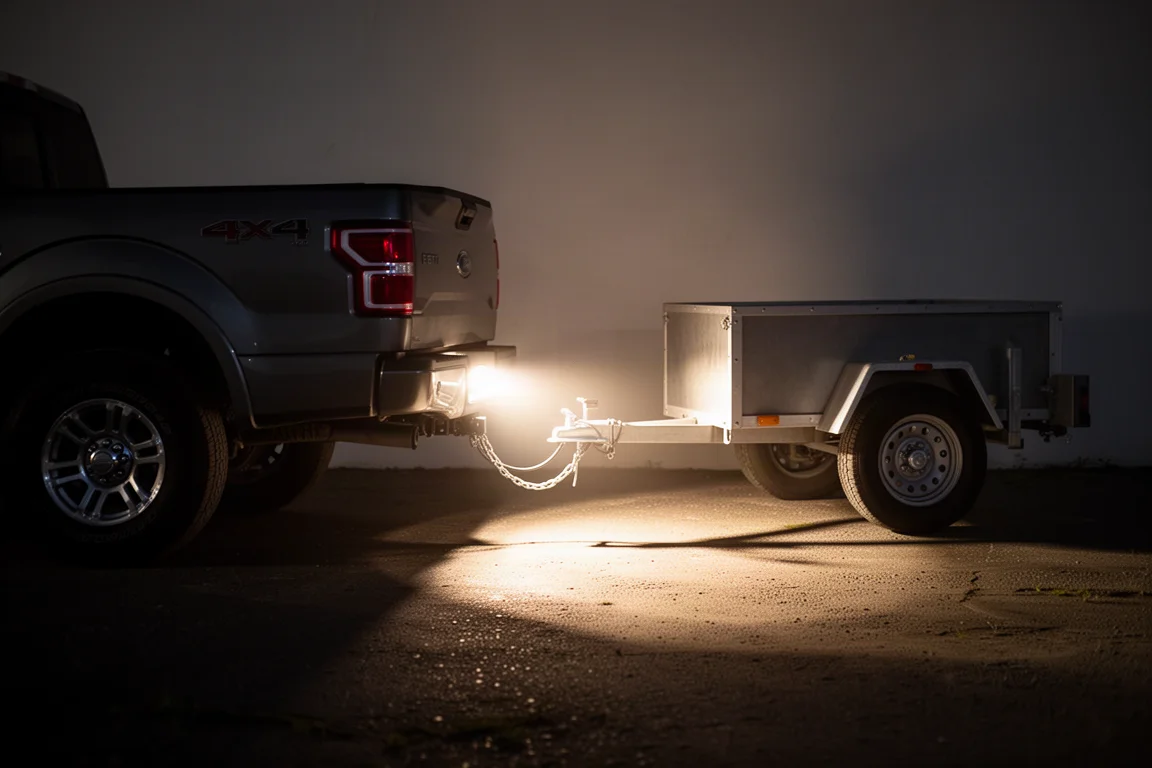 Flashlight lighting up a trailer hitch area at night beside a parked truck