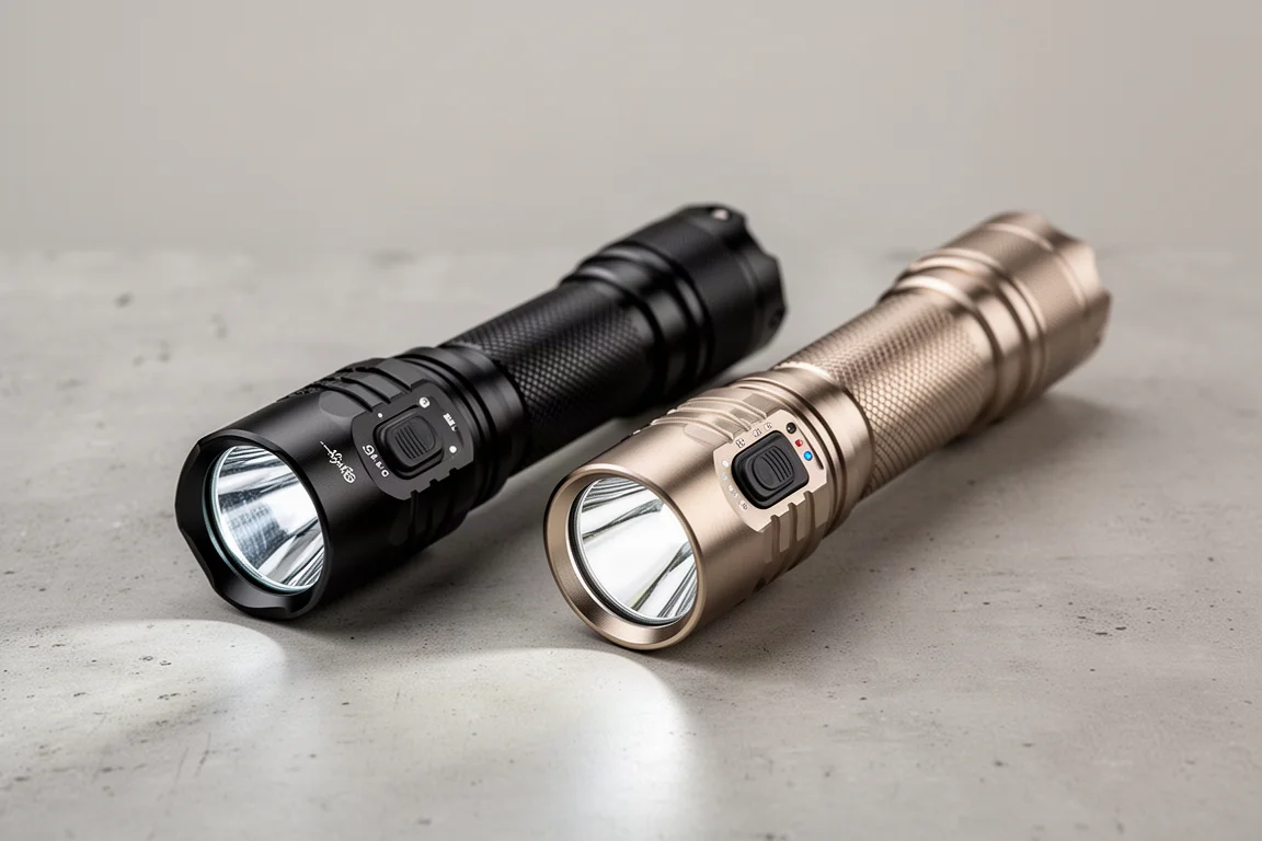 Matte black and brushed titanium tactical flashlights side by side on concrete