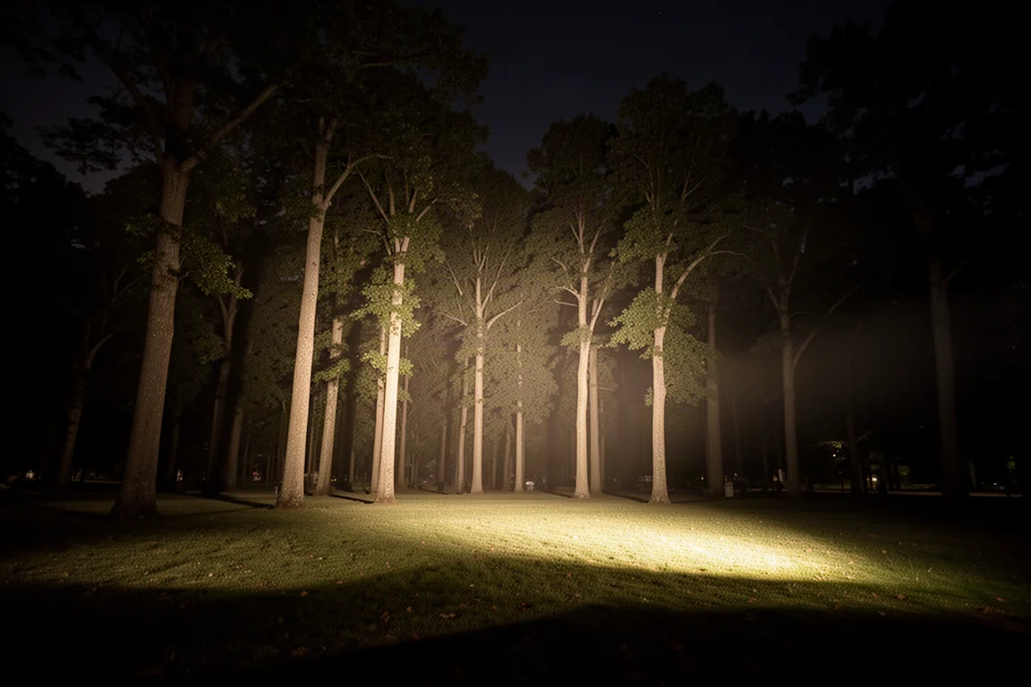 Claro en un parque iluminado de noche por un potente foco de área, con árboles visibles al otro lado del campo