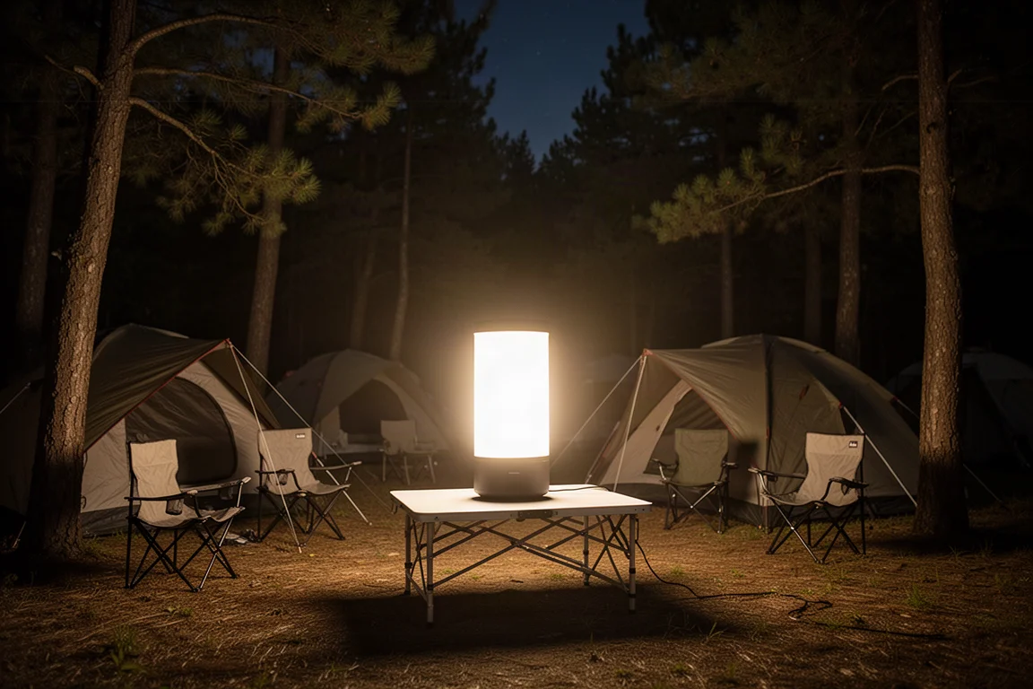 Campamento de noche iluminado suavemente por un gran foco de área apoyado en una mesa de campaña