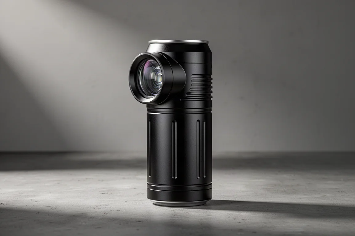 Large can-sized black flashlight standing on a concrete surface