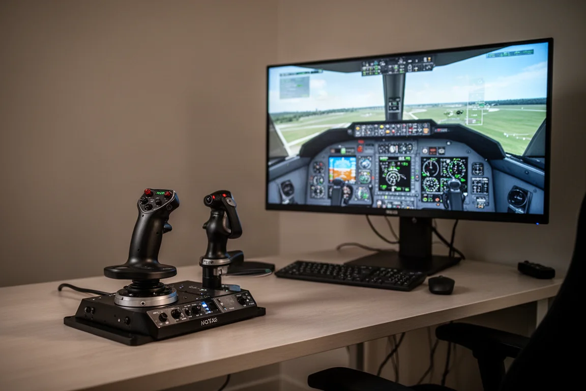 Setup di cabina di simulatore di volo con sistema HOTAS e monitor