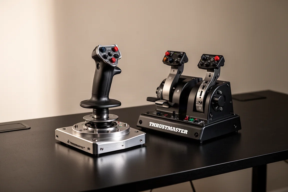 Thrustmaster HOTAS Warthog styrspak och dubbel gasreglage på en mörk skrivbordsyta