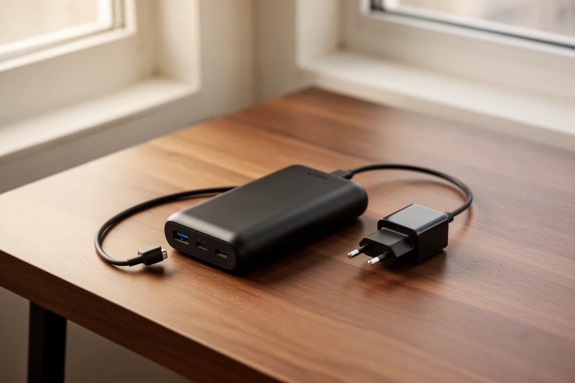 Petite batterie externe et câbles disposés sur un bureau en bois près d'une fenêtre