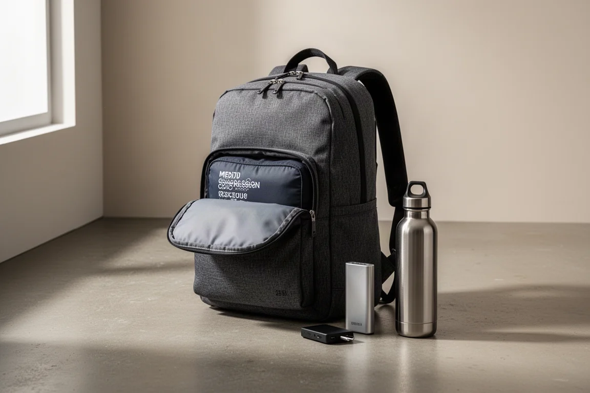 Charcoal carry-on backpack with packing cube, power bank, and filtered water bottle