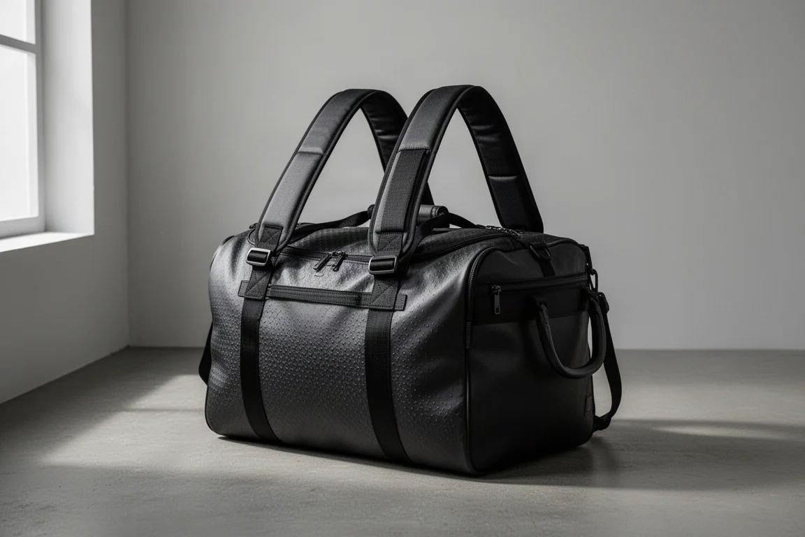Schwarze robuste Reisetasche auf matter Betonoberfläche