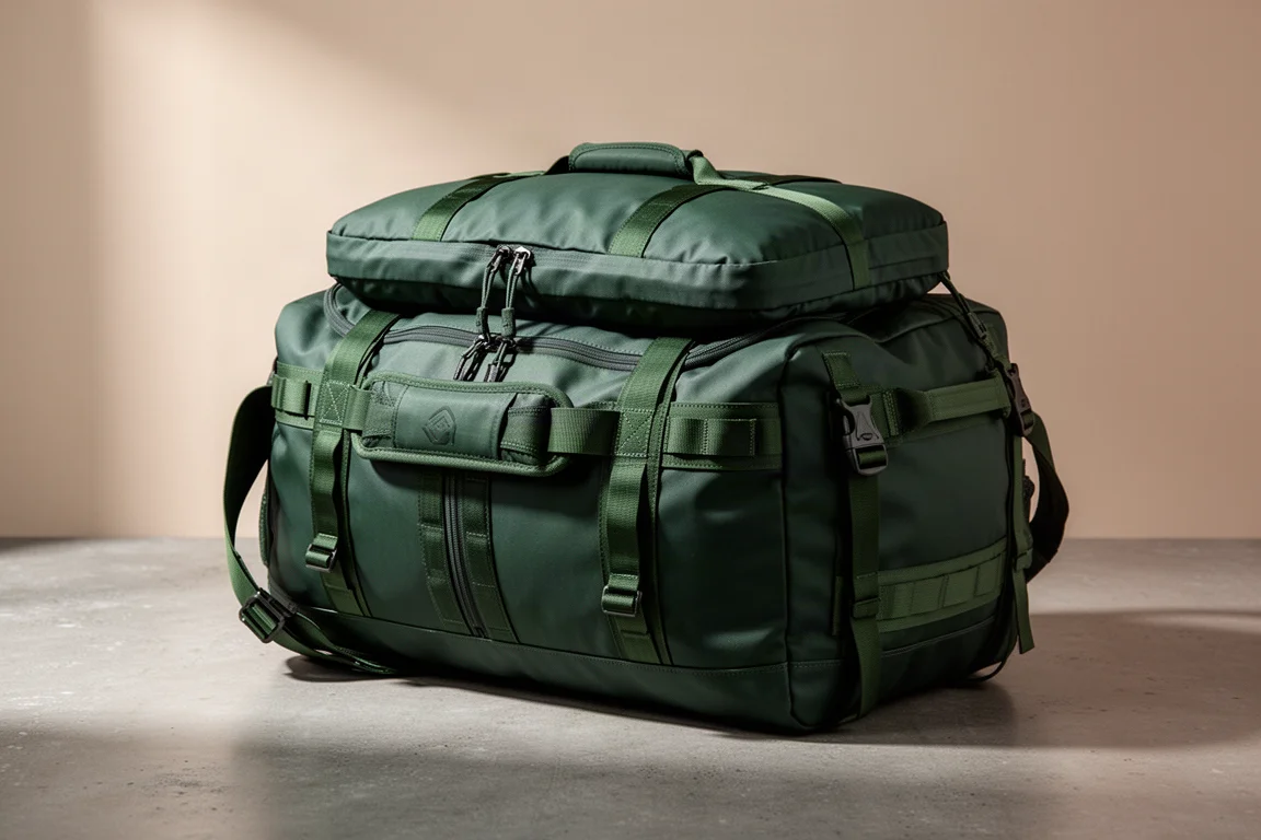 Grüne Reisetasche mit 40 Litern Volumen, Rucksackgurten und Hüftgurt auf Betonuntergrund