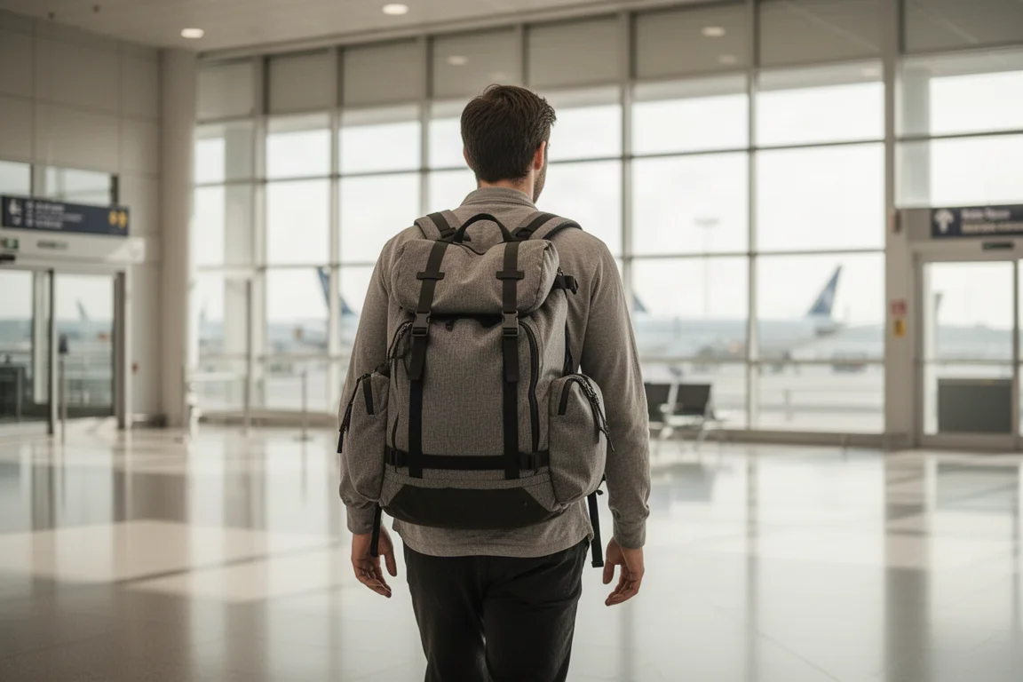 Reisender zieht einen Duffel-Rucksack durch ein Flughafenterminal