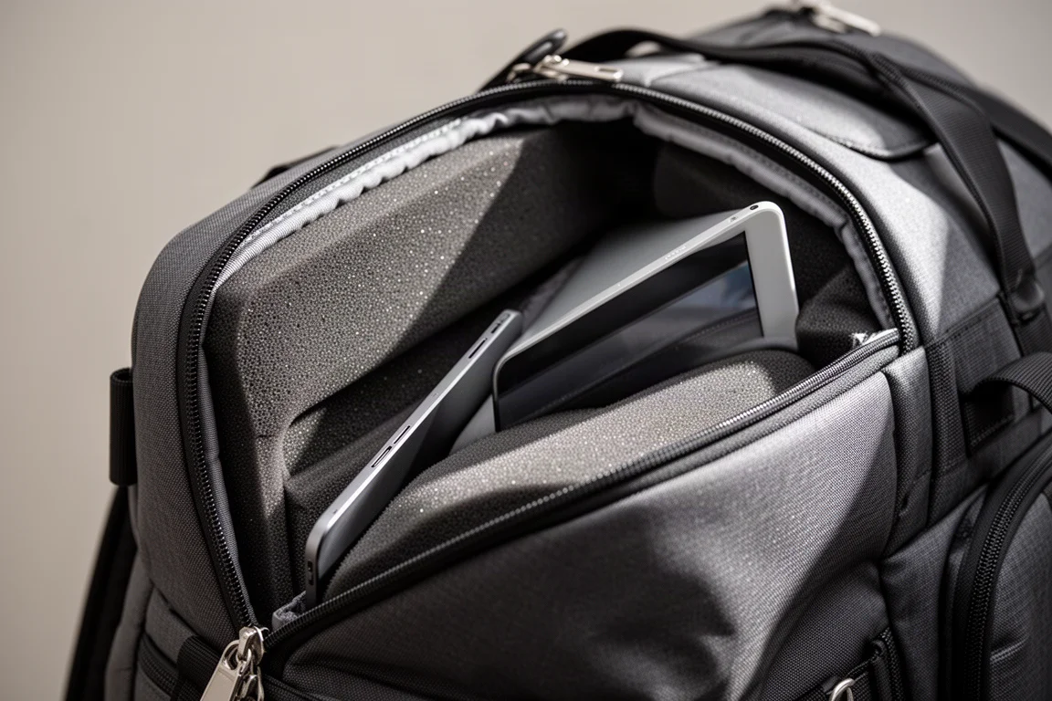 Nahaufnahme eines gepolsterten Laptopfachs einer Reisetasche