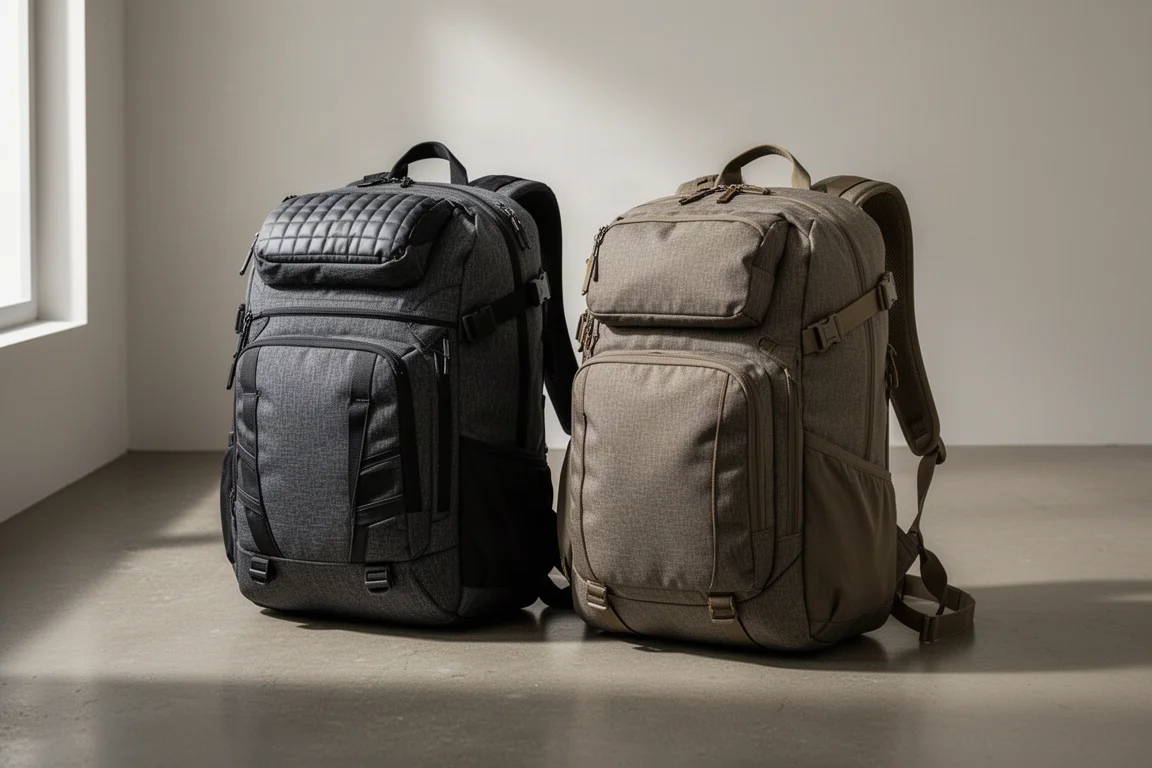 Two travel duffel backpacks standing side by side on a concrete floor