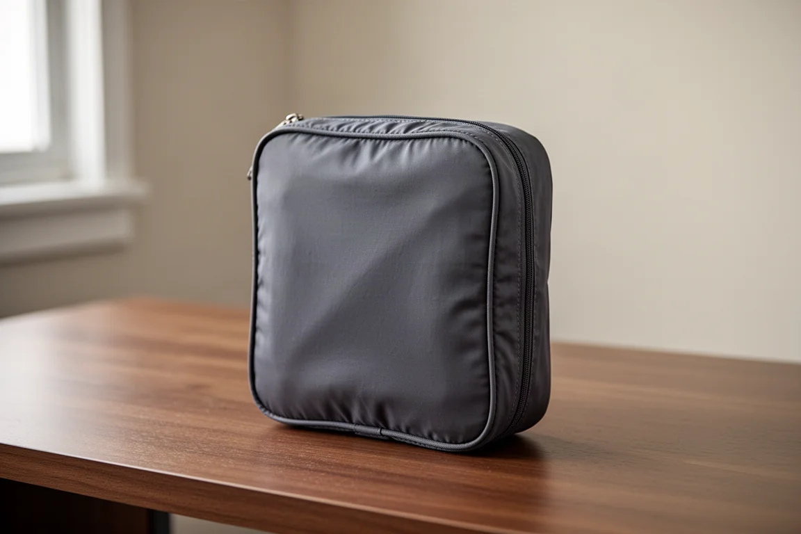 Charcoal fabric compression packing cube standing upright on a desk, keeping its shape