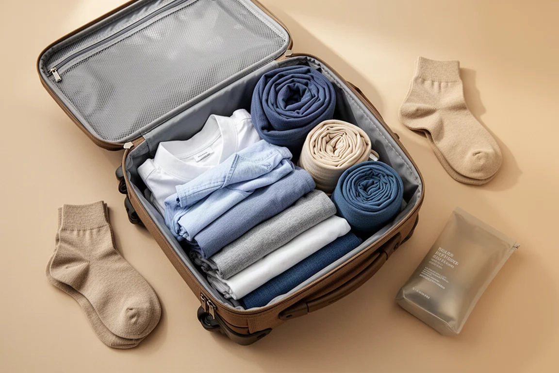 Traveler packing folded clothes into an open packing cube inside a suitcase