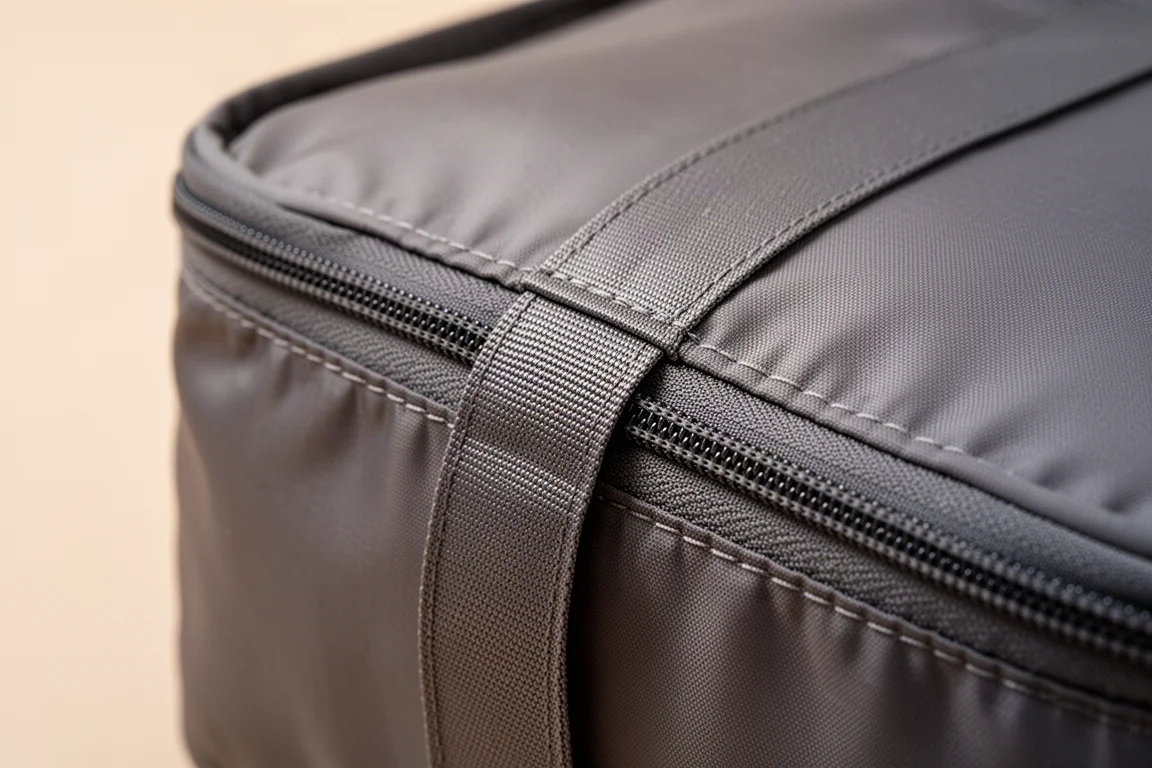 Close-up of a zipper seam and rolled edge on a stiff nylon packing cube