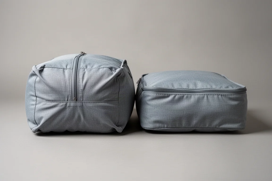 Two packed compression cubes side by side showing different thicknesses after compression