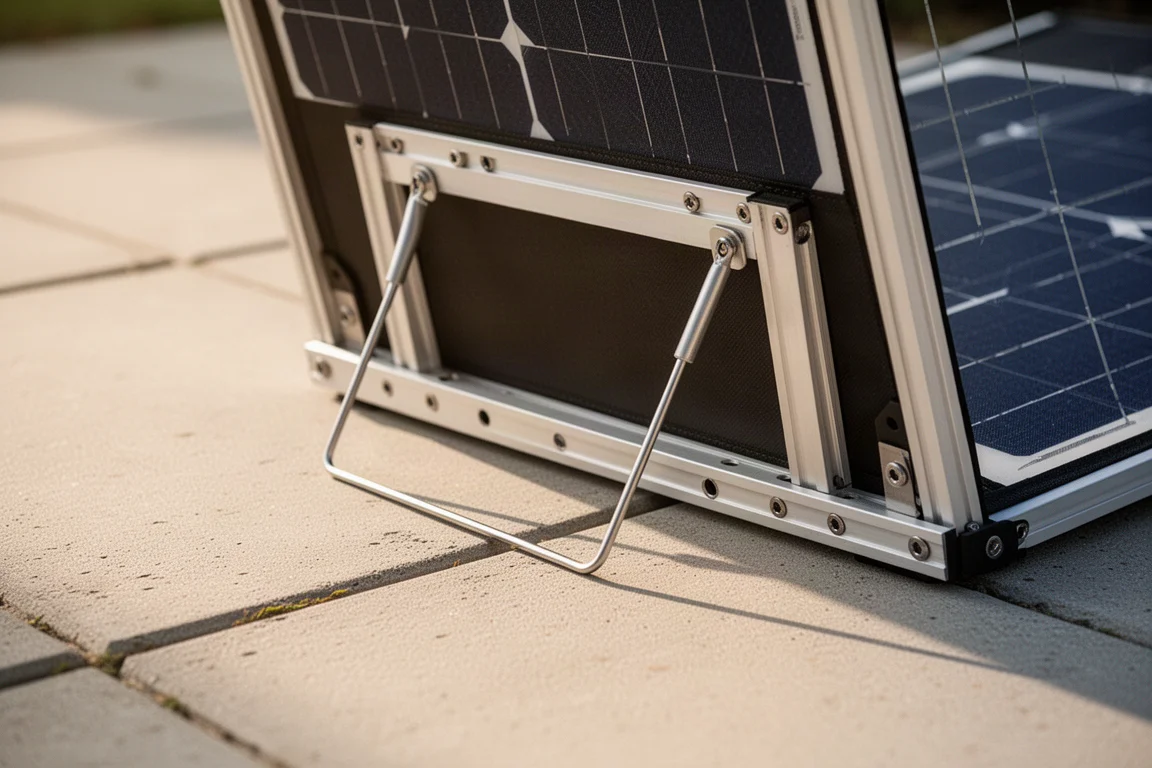 Portable solar panel with aluminum frame and rear support legs outdoors